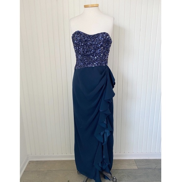 Badgley Mischka Navy Blue Strapless Sequins Ruffle Long Gown Dress Size 10 - Picture 1 of 14